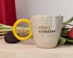 Kubek z napisem : SPICY DISASTER, lepiony ręcznie ok 200 ml 43/03